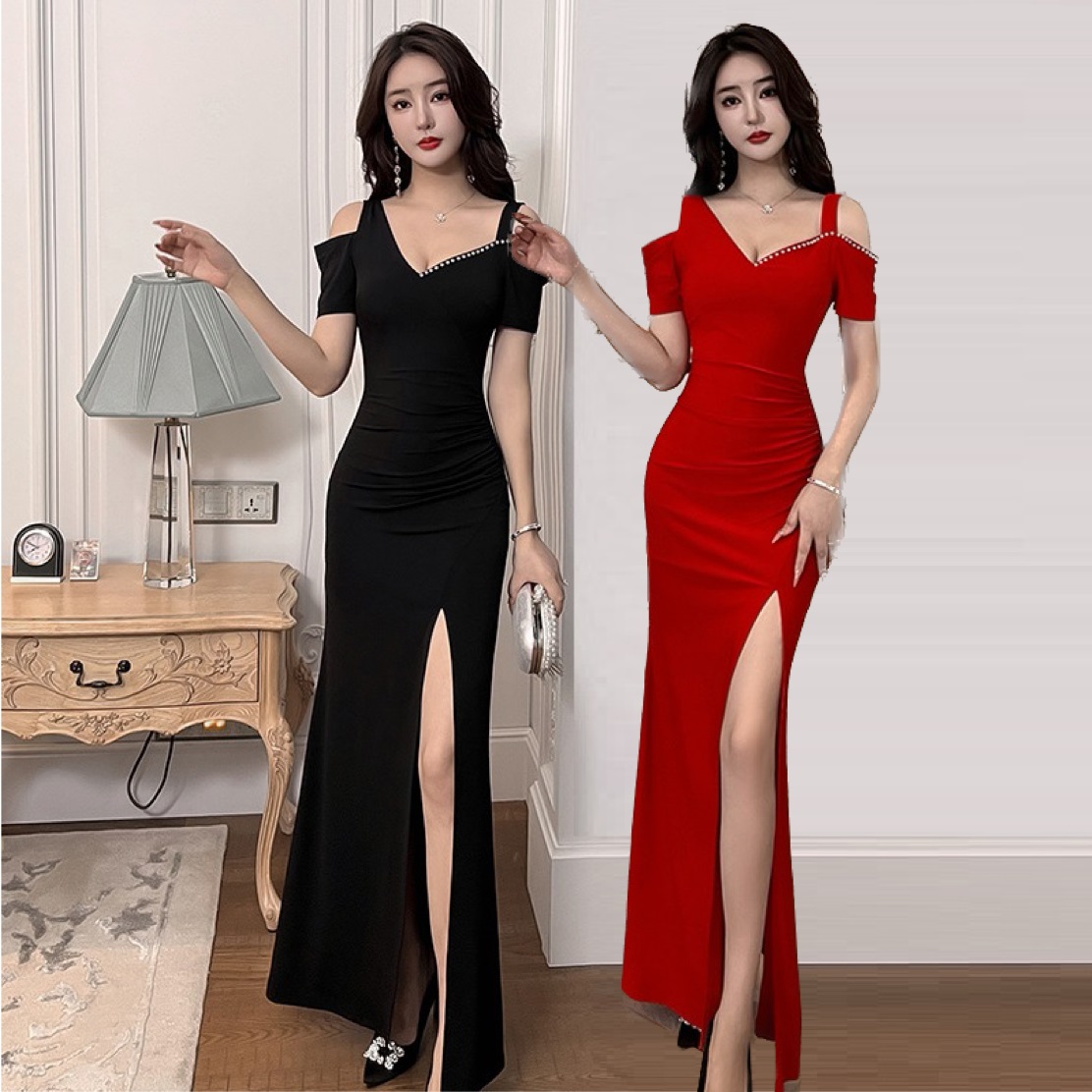 2COLOR★S～4L★キャバドレス キャバ嬢  前スリット入り セクシーSライン パール付きロングドレス