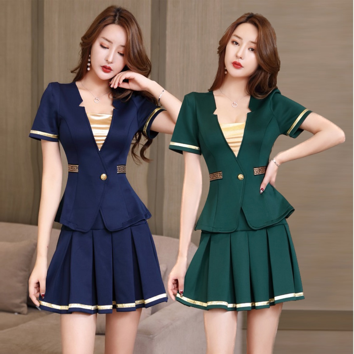 2COLOR★S～4L★キャバドレス キャバ嬢 学生風 バイカラートップスプリーツスカート 2set