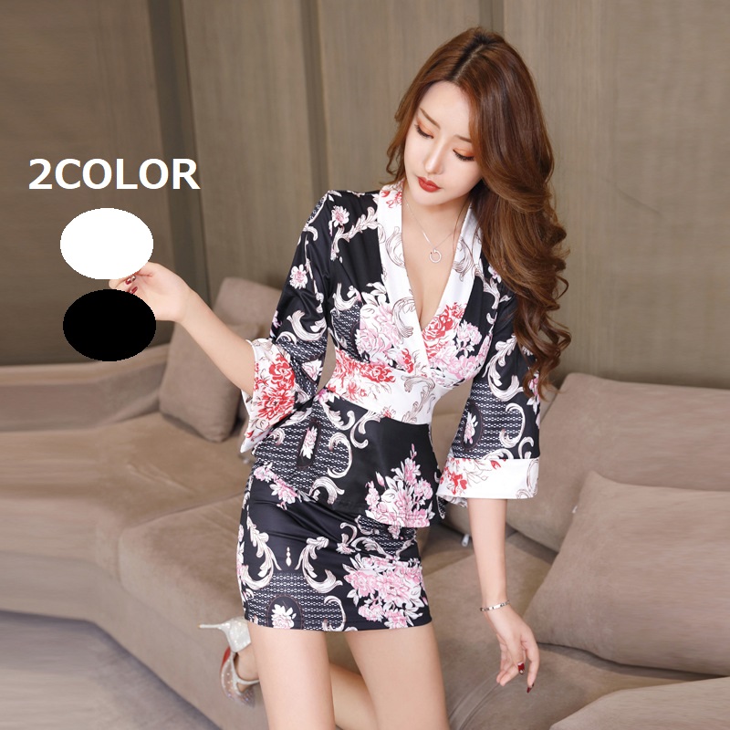 2COLOR★S～5L★キャバドレス キャバ嬢 和柄　胸谷セクシーVネック上下　2seet