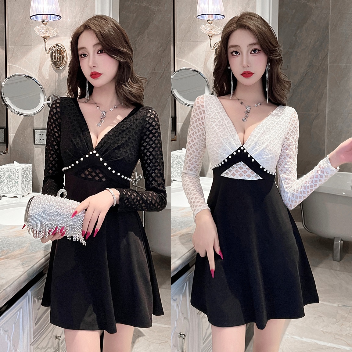 2COLOR★S～4L★キャバドレス キャバ嬢 上品感パープル付き　レース切替ワンピース