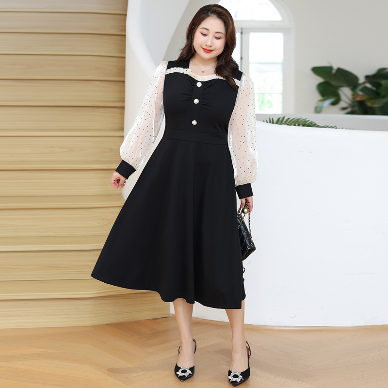 ★5L～9L 大きいサイズ ぽっちゃりさん★バイカラー可愛いピンドット柄袖切替  ワンピース