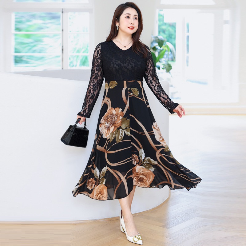 半額★5L～9L 大きいサイズ ぽっちゃりさん★通勤 パーティー 優雅 上品感　花柄レース　花柄シフォン切替　ドッキングワンピース