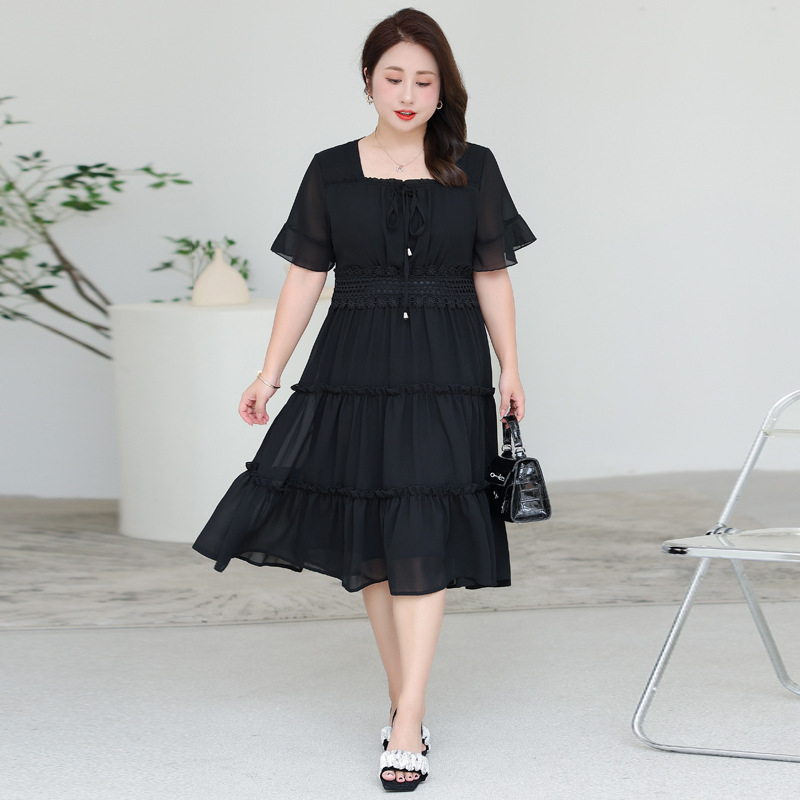 ★5L～9L 大きいサイズ ぽっちゃりさん★ウエストレース切替 ティアードフリルシフォンワンピース