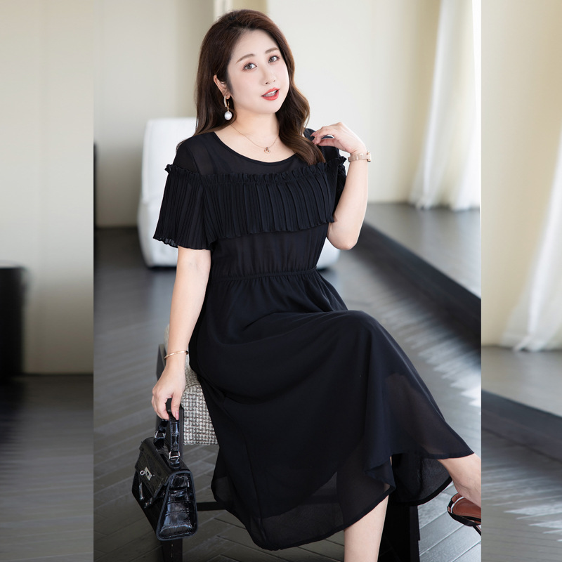 ★5L～9L 大きいサイズ ぽっちゃりさん★ウエストゴム　上品感プリーツフリルシフォンワンピース