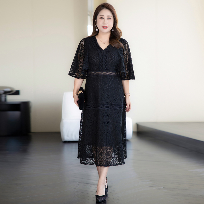 ★5L～9L 大きいサイズ ぽっちゃりさん★パーティードレス 二の腕カバー 上品感総レースワンピース