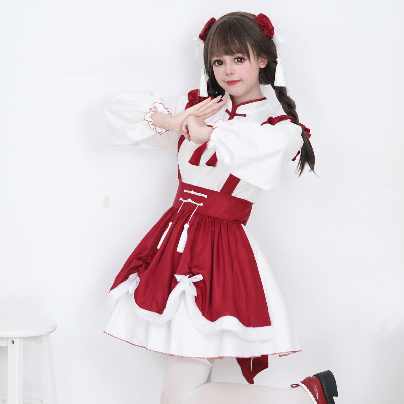 モデル写真公開　S～6L大きいサイズ★チャイナ風 中国功夫 胸元空き コスプレ メイド服 ハロウィン衣装 可愛い 舞台 ワンピース　3set