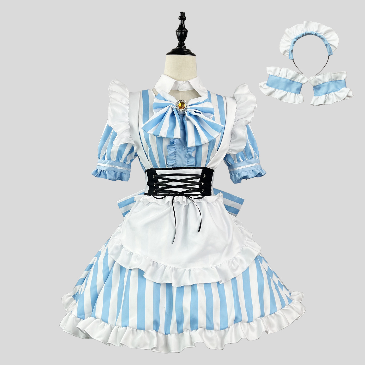 ★S～6L大きいサイズ★可愛いリボン付き ストライプ柄コスプレ 　二次元　メイド服 6set