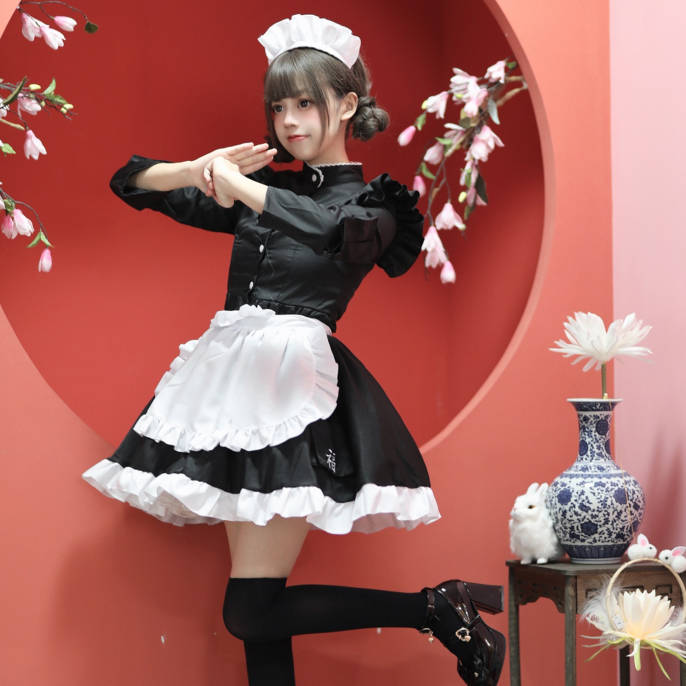 ★S～6L大きいサイズ★定番黒白 可愛い ロリータ メイド服 ハロウン衣装 チャイナ風 中国功夫　4set