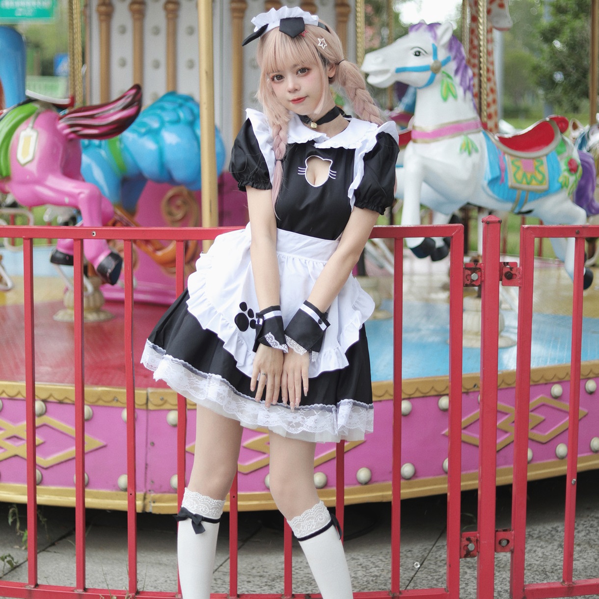 S～6L大きいサイズ★コスプレ メイド服 エプロン ロリータ クラシカル ゴスロリ 可愛い猫 ハロウィン 5set