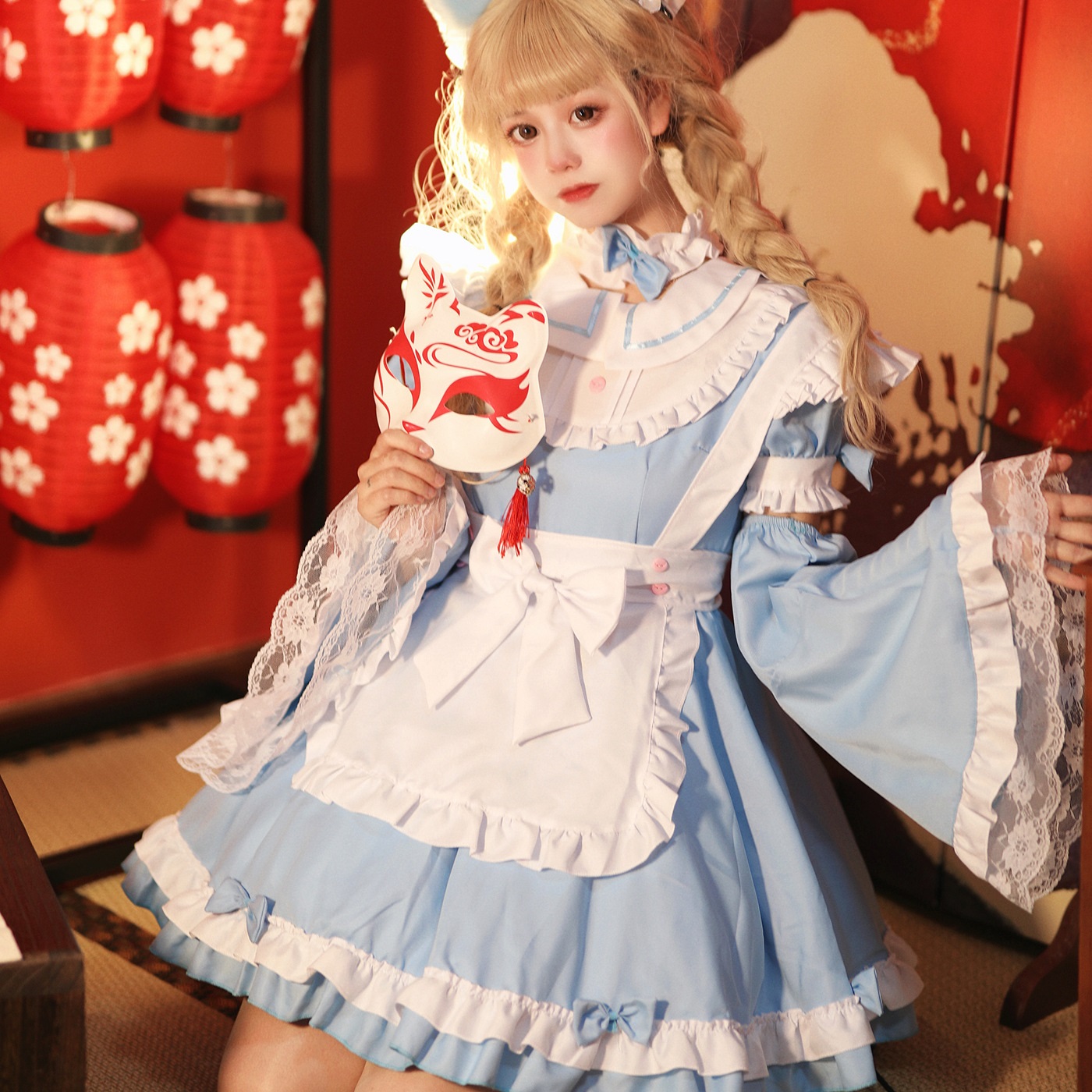 S～6L大きいサイズ★コスプレ メイド服 エプロン ロリータ クラシカル ゴスロリ アリス 2WAY着ドレス 6set
