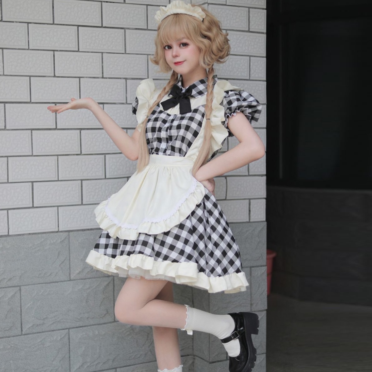 モデル写真公開S～6L大きいサイズ★コスプレ メイド服 エプロン ロリータ クラシカル ゴスロリ チエック柄ドレス  4set