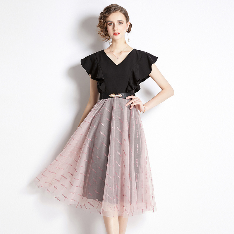 ★S～3L★通勤 パーティー 結婚式  大人優雅 異素材切替 フリルスリーブ ベルト付き ドッキングワンピース