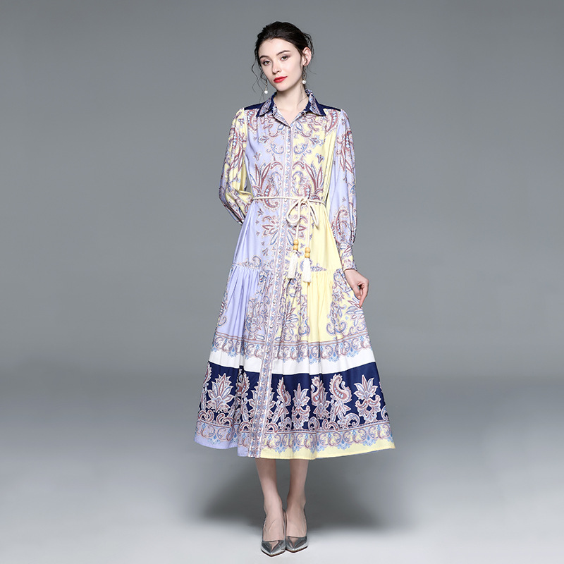 ゆったり★M～3L★通勤 パーティー 結婚式  ウエスト紐付き 花柄プリントパフスリーブワンピース