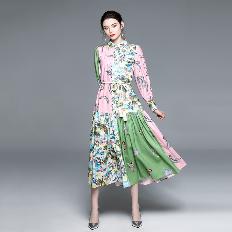 ゆったり★M～3L★通勤 パーティー 結婚式  ウエスト紐付き 花柄プリントパフスリーブワンピース