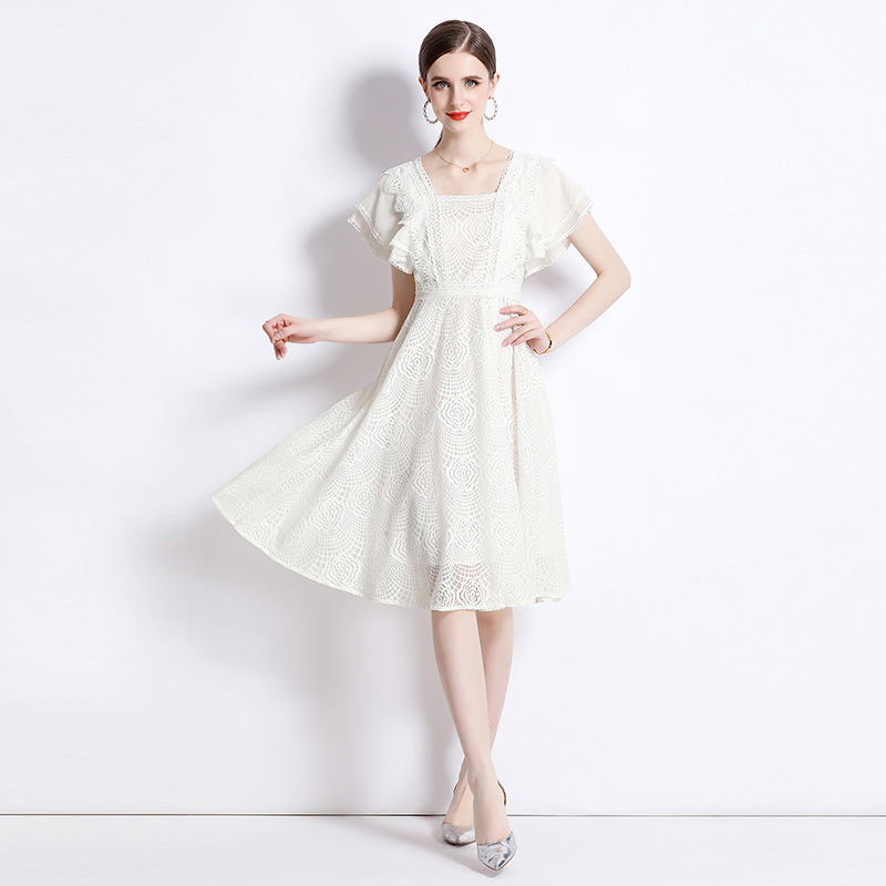 ★S～3L★2023夏新作　二の腕カバーフレア袖  上品 可愛い花柄レースドレスワンピース
