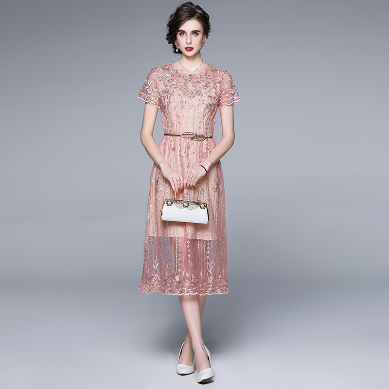 ★M～3L★2023夏新作　ベルト付き　優雅気品 上品感花柄刺繍ドレスワンピース