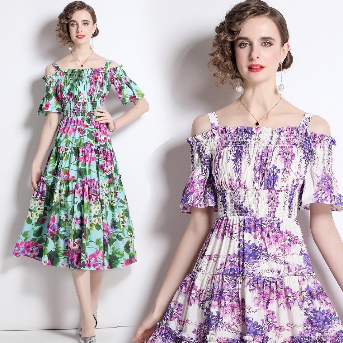 ★S～2L★2023夏新作　ゴム入り オフショルダー　花柄キャミワンピース