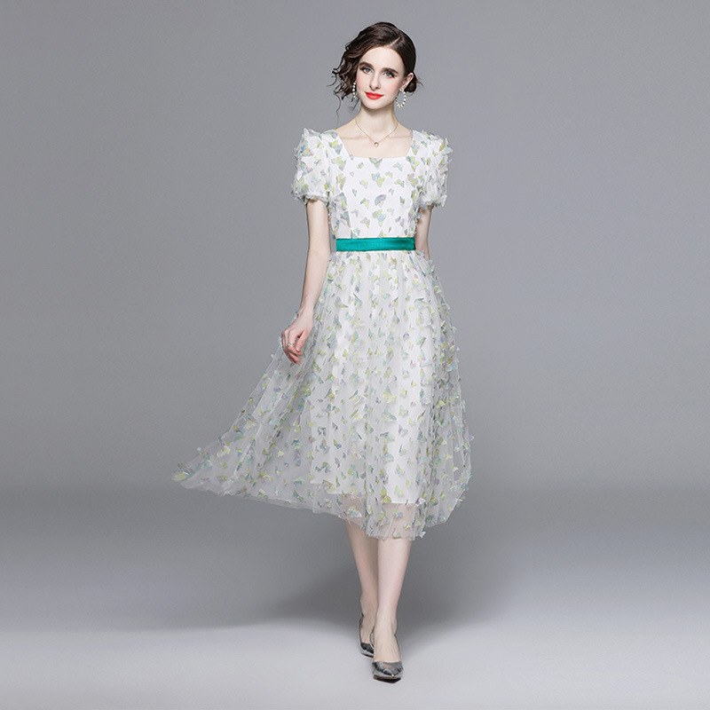 S~3L★結婚式 二次会  パーティー  披露宴 ロマンチック立体蝶々柄レース パフスリーブドレスワンピース