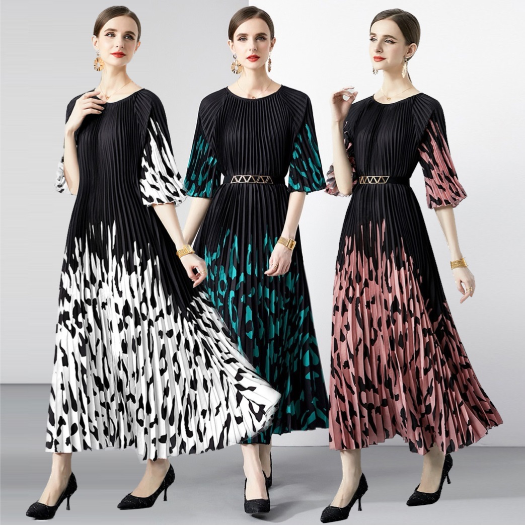 ★通勤  パーティー  結婚式 司会  ベルト付き ボリューム感 五分袖　プリーツドレス ワンピース　