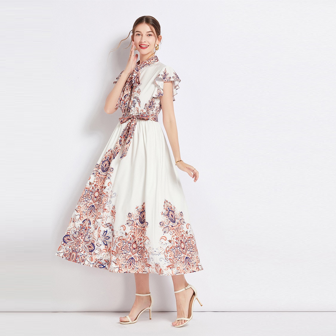 M~3L★通勤 結婚式 二次会  パーティー 可愛いフレア袖　花柄プリント ボウタイワンピース