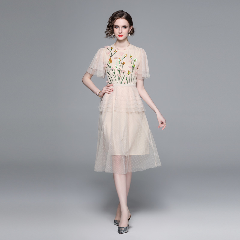 M~3L★通勤 結婚式 二次会  パーティー 上品感スパンコール刺繍入り ピンドット柄レースドレスワンピース