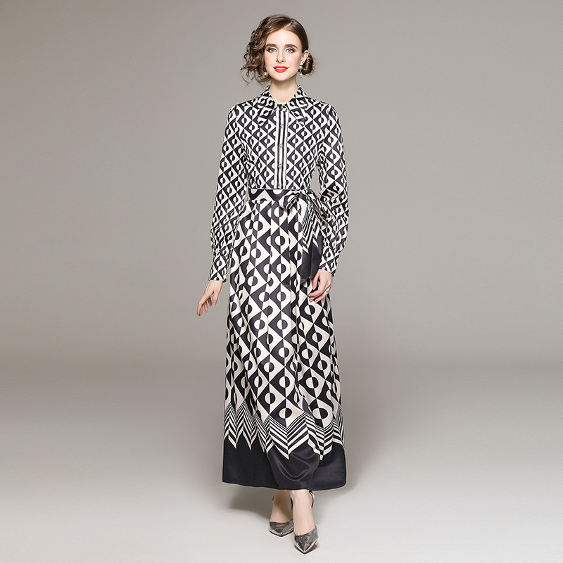 M~3L★結婚式 二次会  パーティー 気品 優雅 リボン付き 黒白 バイカラー 長袖ロングワンピース