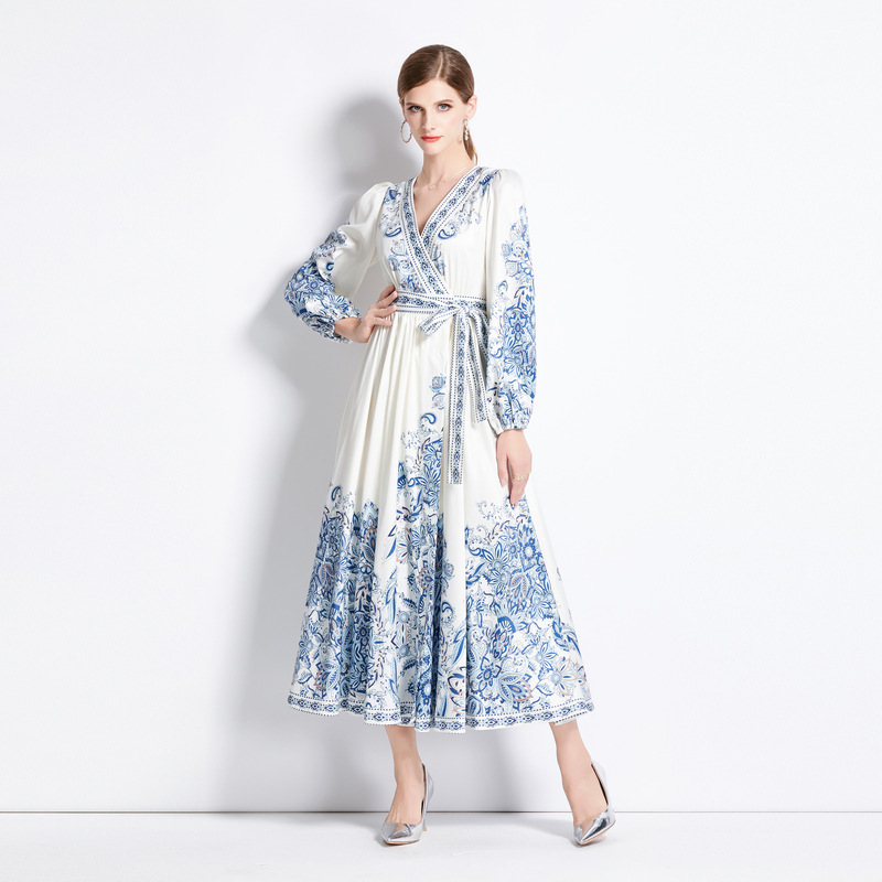 一足先秋新作！S~3L★出かけ 結婚式 二次会  パーティー デート　リボン付き　Vネック花柄ワンピース