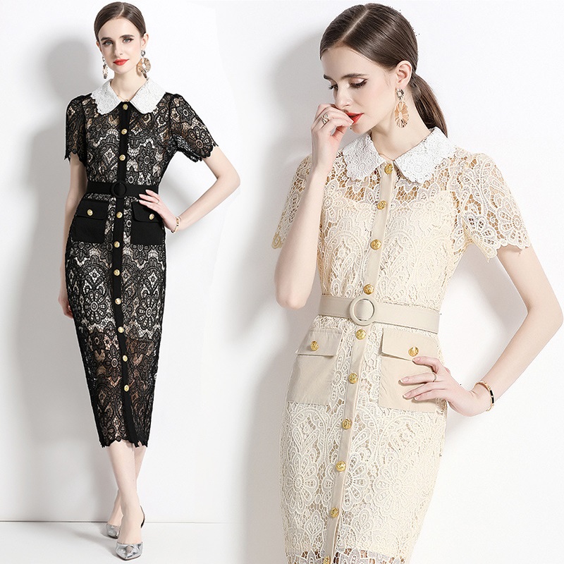 秋新作 S~3L★結婚式 パーティー  二次会  一枚で主役  可愛いバイカラー襟 花柄総レースドレスワンピース