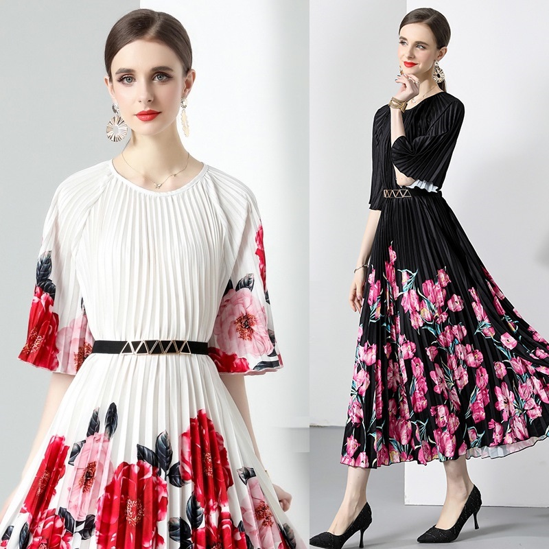 ★通勤 パーティー 結婚式 司会  ベルト付き ボリューム感 五分袖 花柄プリントプリーツ ワンピース　