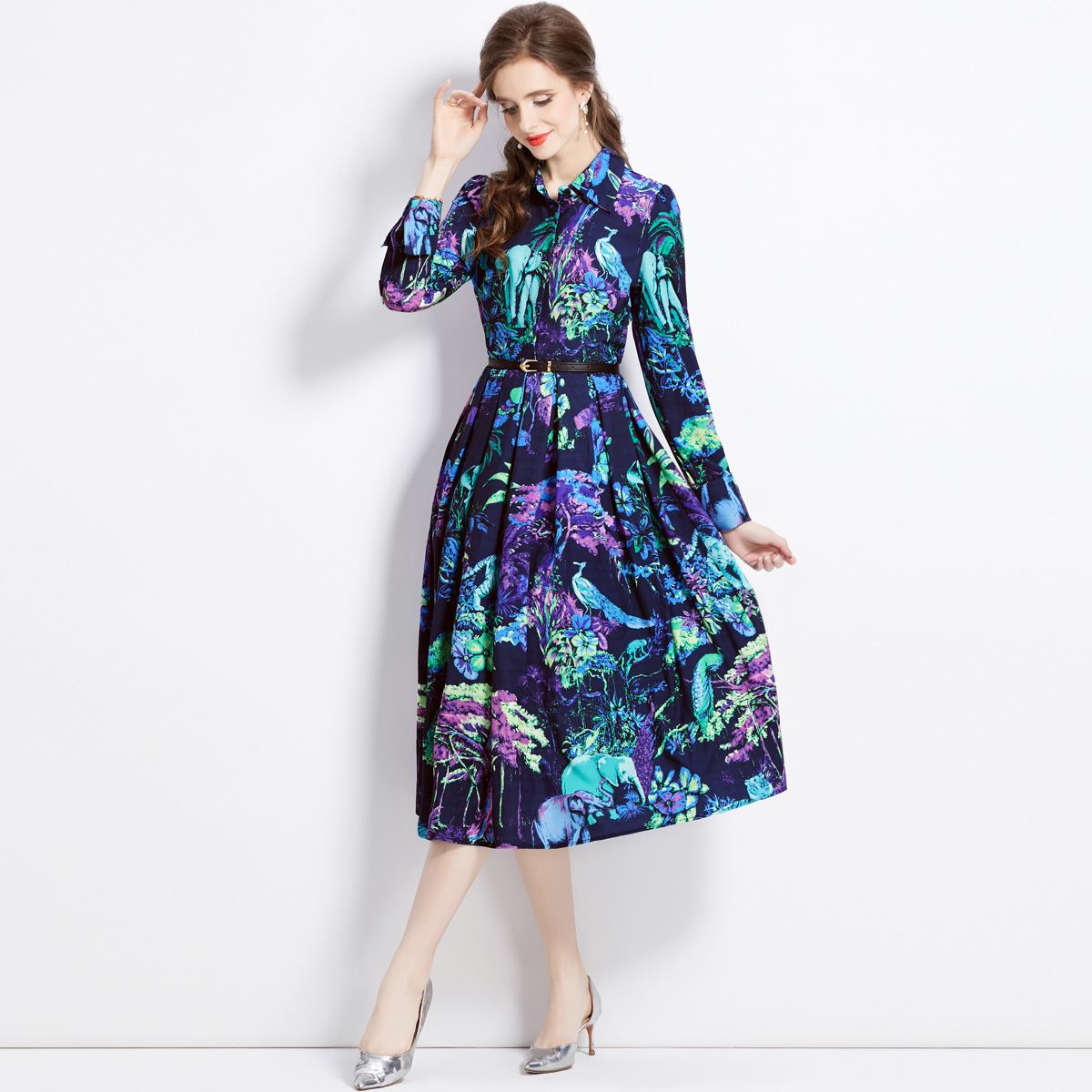M~3L★結婚式 パーティー 二次会 オシャレ柄プリント ベルト付き ウエストタック入り 長袖ワンピース