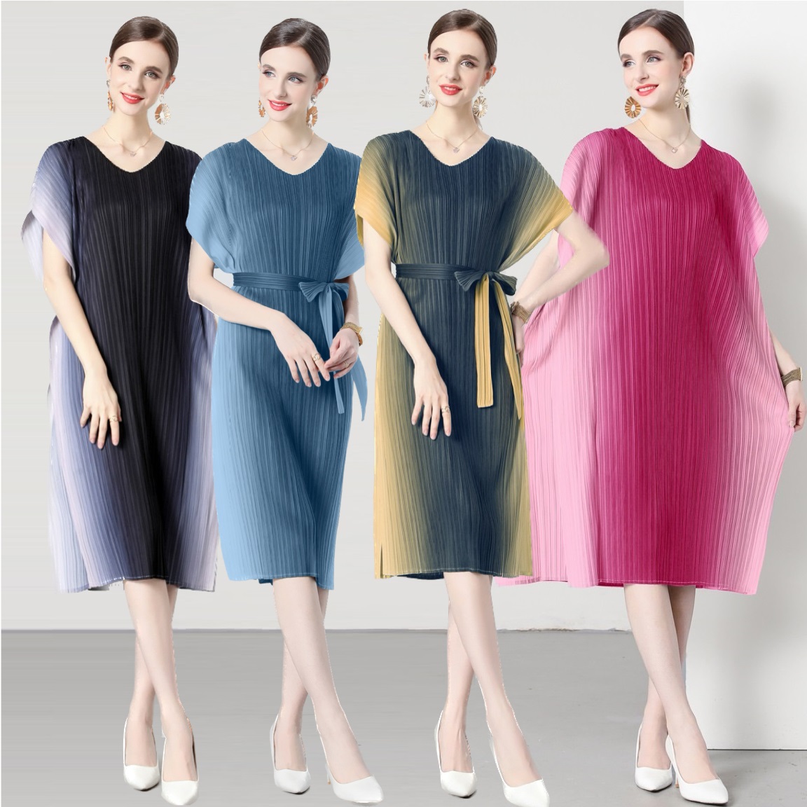 ★通勤 パーティー 結婚式 司会  オシャレグラデーション ウエストリボン付き 2WAY着 ドレスワンピース