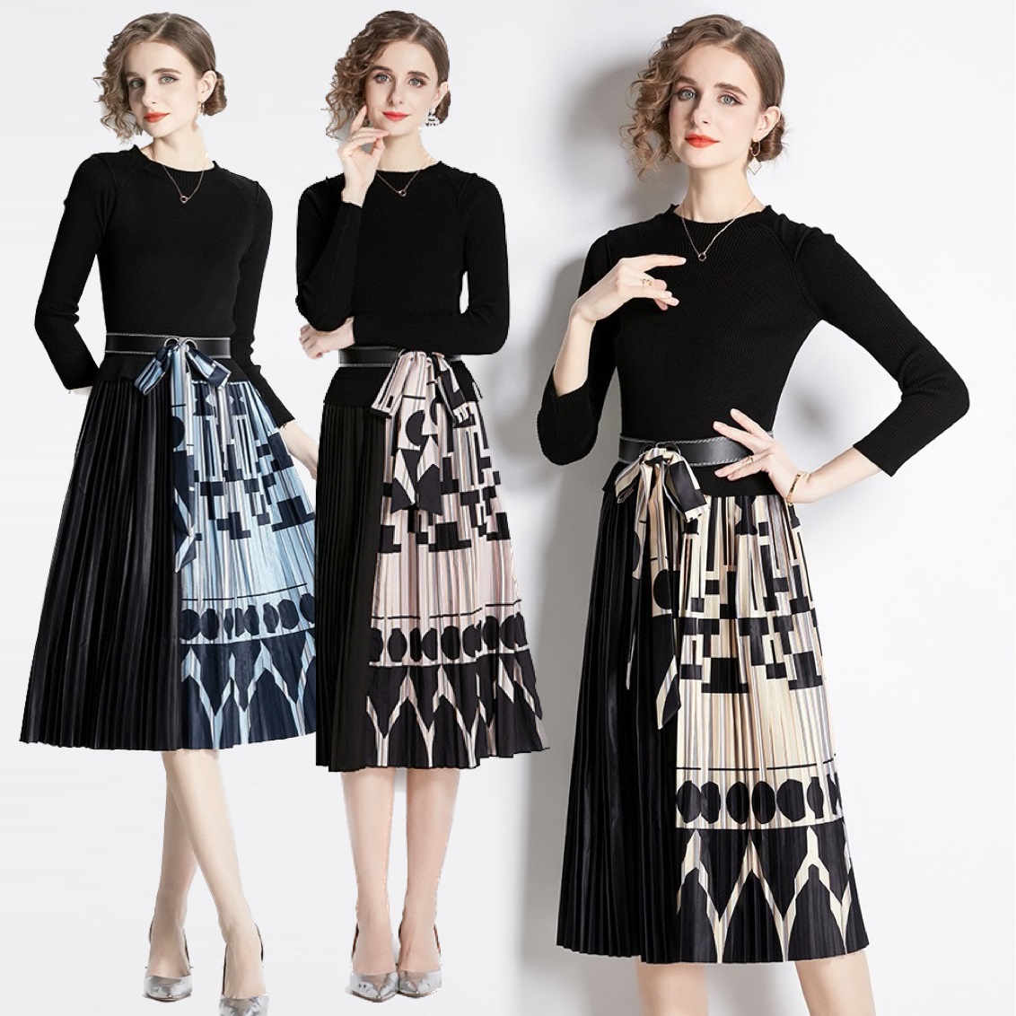 ★通勤 パーティー 結婚式 司会   上品感　ベルト付き　ニット切替 プリーツスカートワンピース　