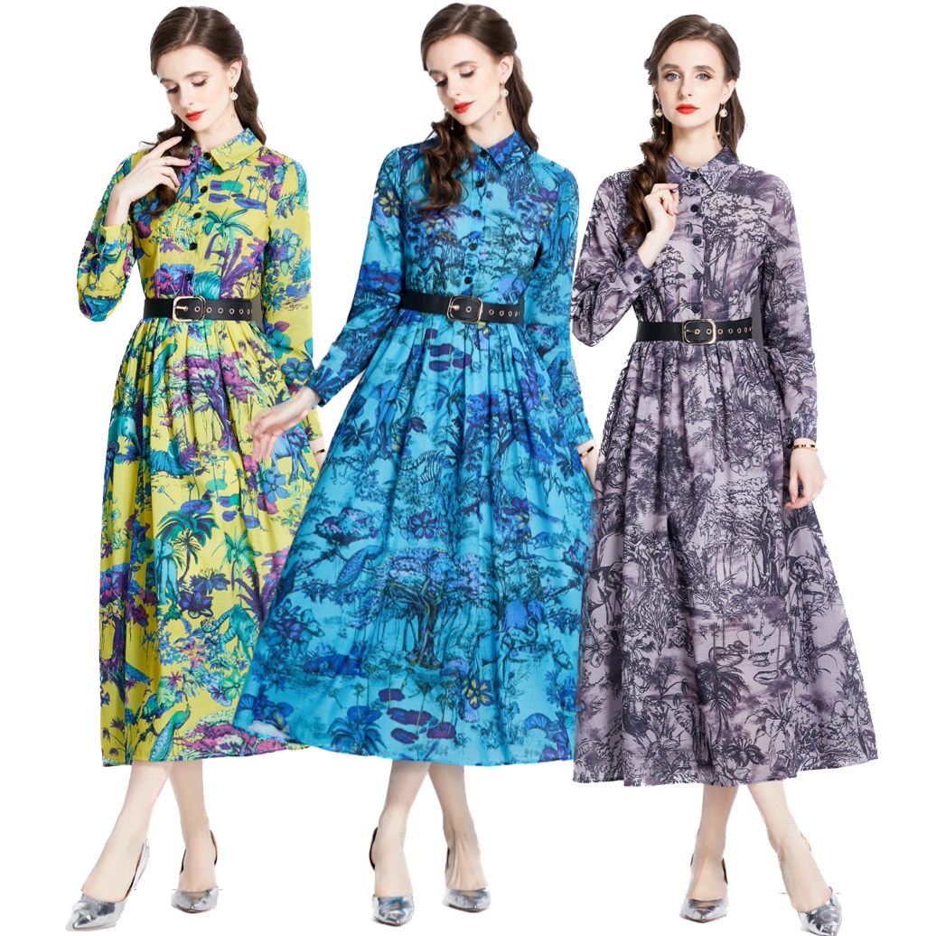 秋新作 M~3L★結婚式 パーティー 大人優雅印象　ベルト付き トワルドジュイ風プリントロングワンピース