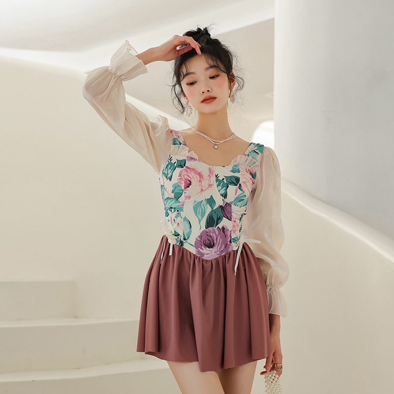 M～6L★水着 水泳 海水浴 ビーチ　お嬢様 可愛い花柄切替　ワンピース 水着