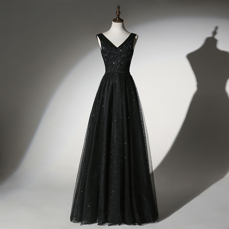 ★上品定番黒 パーティー  結婚式 披露宴 ステージ 司会 キラキラスパンコール ビジュ付きロングドレス