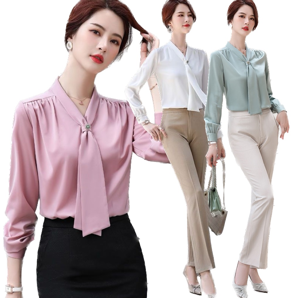 ★S～6L★ OL 通勤 オフェス着 お天気お姉さん 司会  胸元可愛いリボン　長袖シャツ　ブラウス