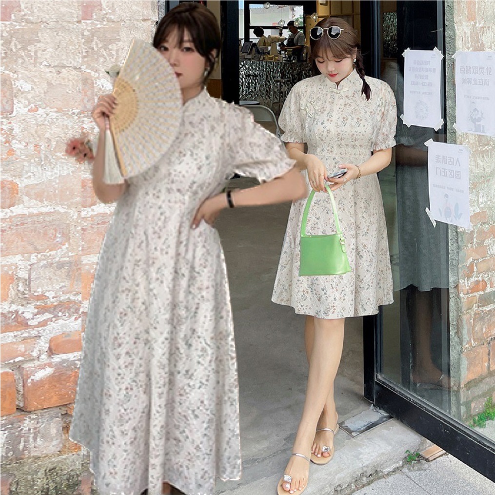 ★2L～6L大きいサイズ ★上品感合繊レース　チャイナ風花柄レースドレスワンピース