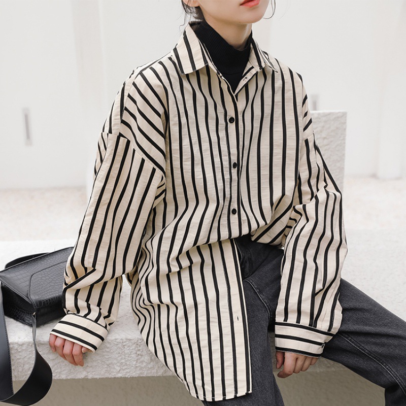 2COLOR★コーディネット万能 オシャレ着 お出かけ 通勤　ゆったり　ストライプ柄　ロングシャツ　