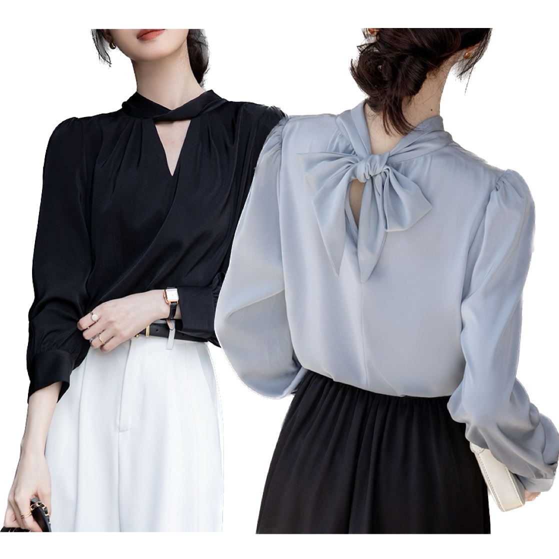 ★上質感 滑らか素材 通勤  オフィス着 司会 バックリボン　パフスリーブシャツブラウス