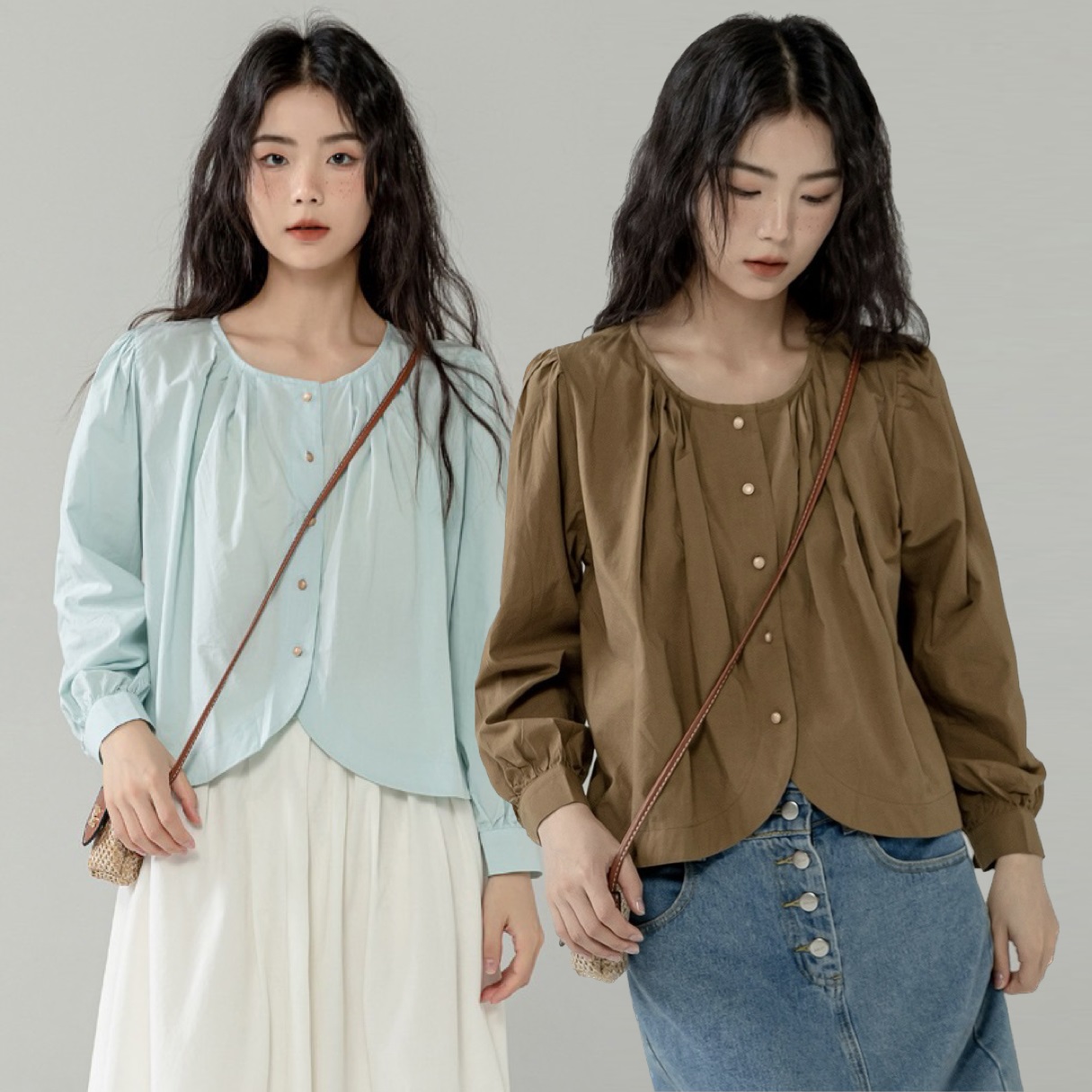 ★ゆったり カジュアル タック入り　パフスリーブ　コットン　綿 シャツブラウス