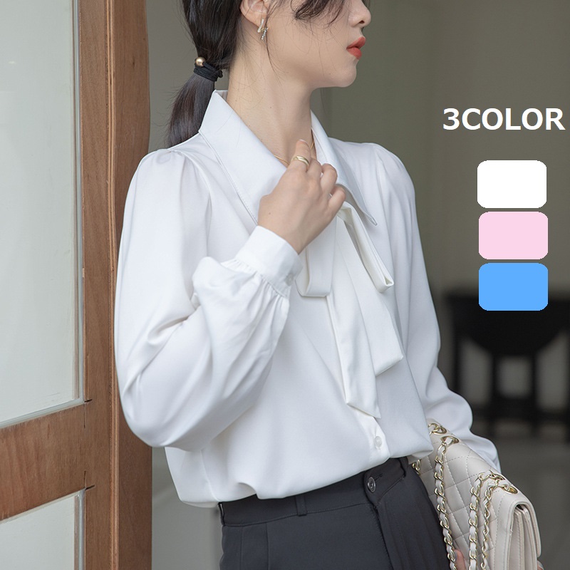 ★ゆったり 上質感 滑らか素材 通勤  オフィス着 司会 お天気姉さん ツヤ感  ボウタイリボンシャツブラウス