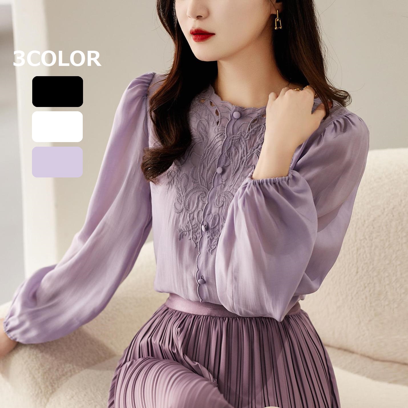 ★上品感花柄刺繍　パフスリーブ　シャツブラウス