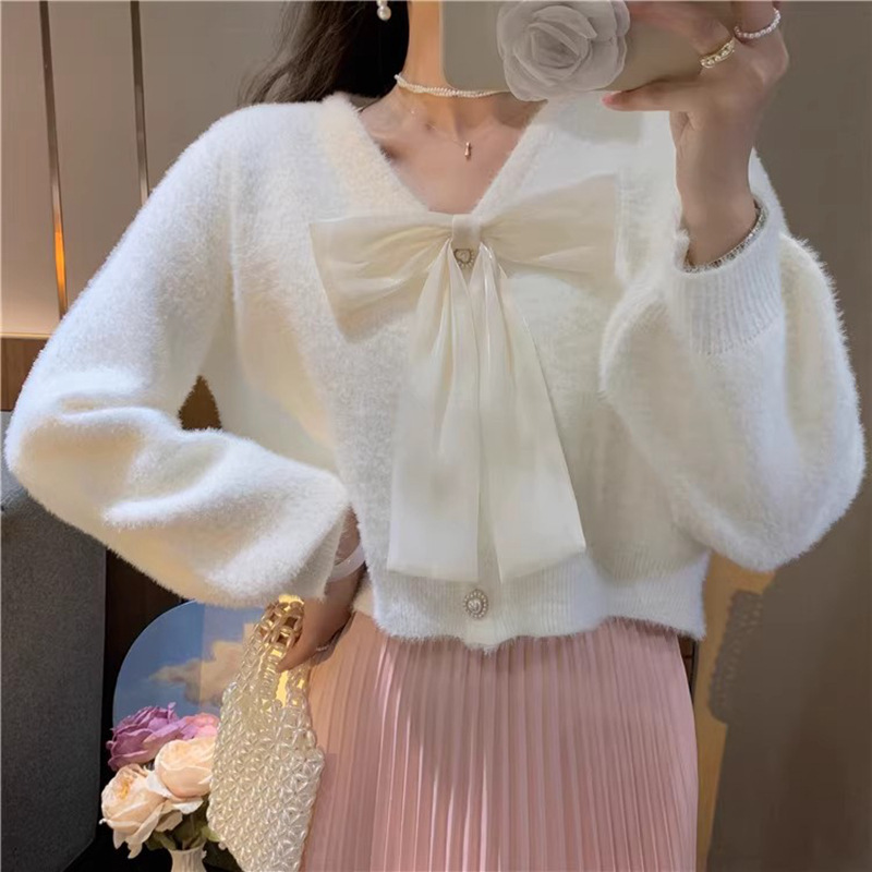 秋冬新作 　もこもこニット　可愛いリボン付き　ニットトップス　カーディガン　セーター