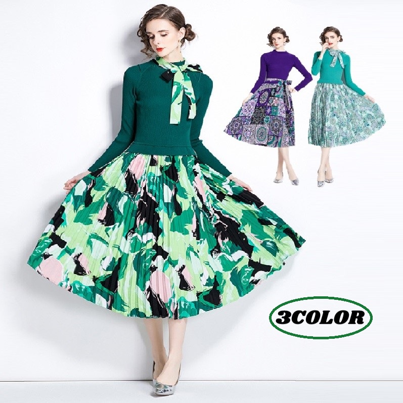 秋冬新作 1枚でコーデ完成 ２WAY着リボン付き ニット　プリーツスカート切替ドレスワンピース