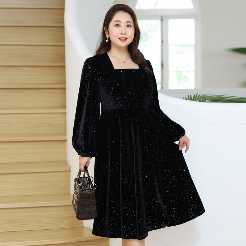 ★5L～9L ★出かけ パーティー キラキララメ入りベルベット スクエアネックワンピース