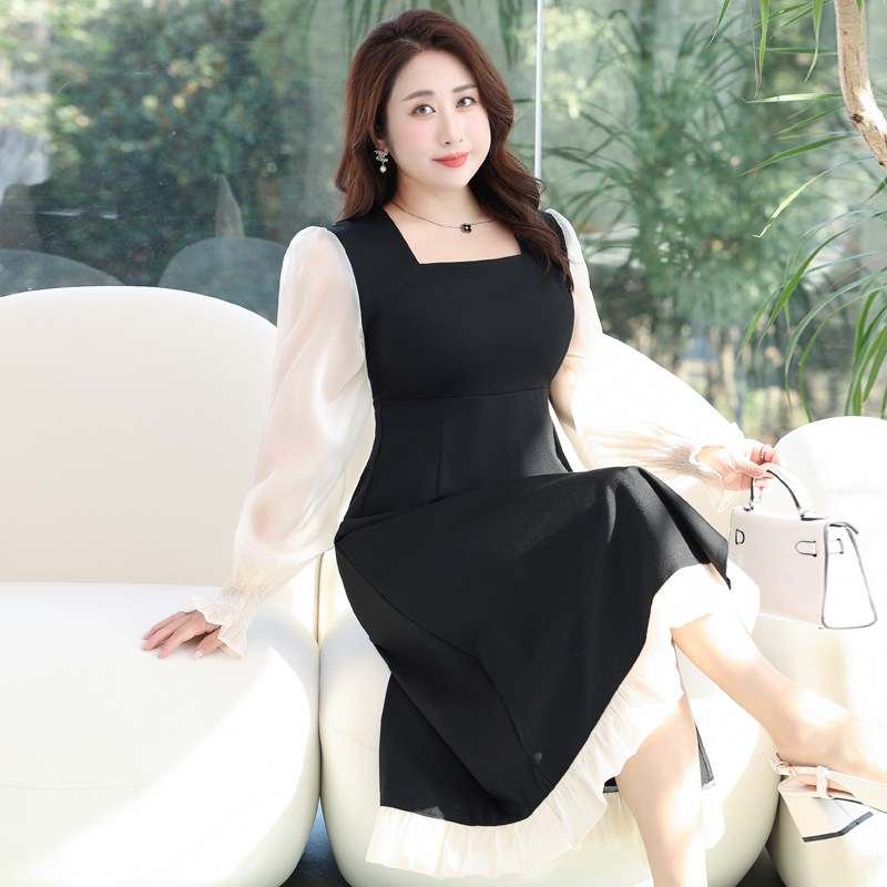 ★5L～9L ★出かけ パーティー バイカラー　前スリット入り　長袖パフスリーブワンピース