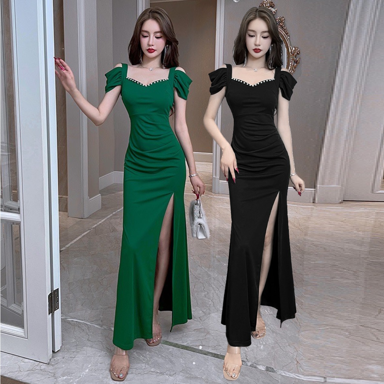 2COLOR★S～4L★キャバドレス キャバ嬢 胸元ビジュ付きセクシー 前スリット入りロングドレス