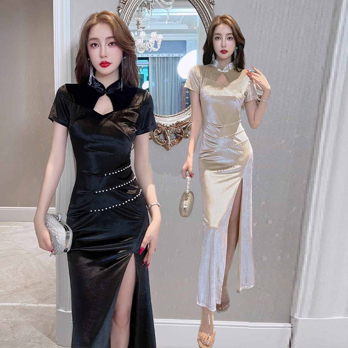 2COLOR★S～4L★キャバドレス キャバ嬢 ウエストビジュ付き 胸元空き 胸谷セクシーロングドレス