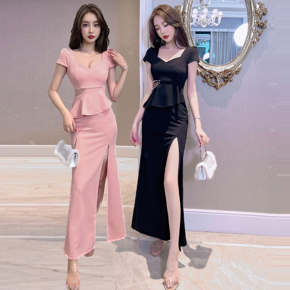 2COLOR★S～4L★キャバドレス キャバ嬢 ウエストビジュ付き ペプラム 前スリット入りロングドレス