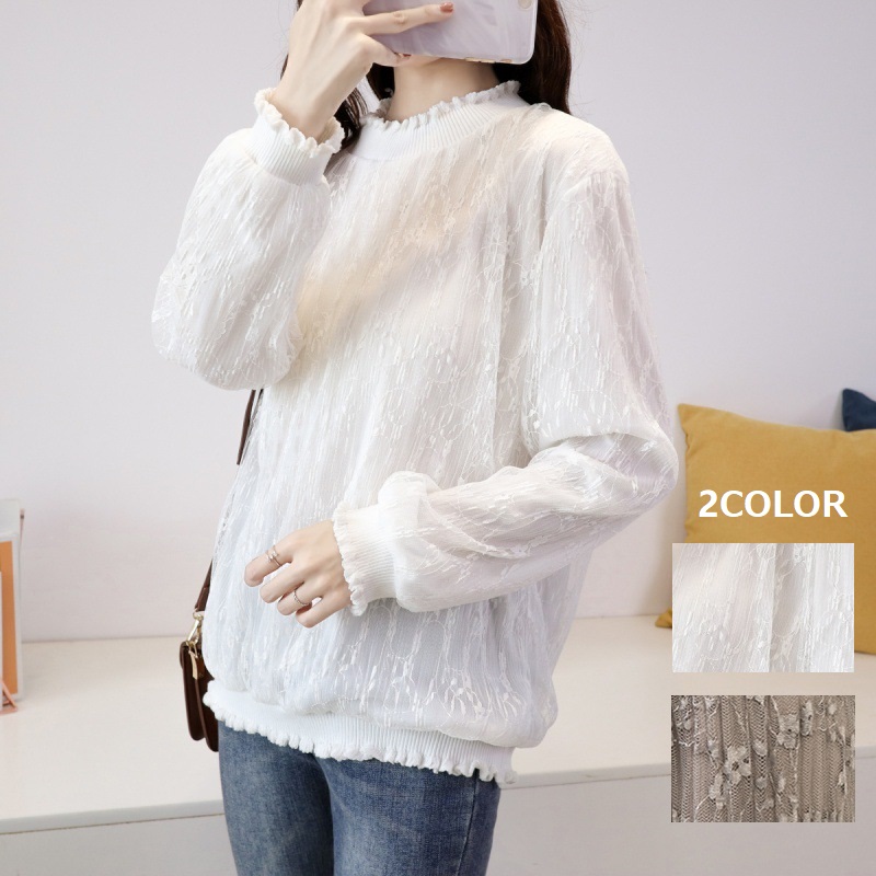 2COLOR★M～5L★大きいサイズ★可愛い花柄レーストップス　防寒フリースタイプ　普通タイプ